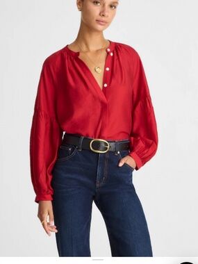 Madewell Shirred Balloon-Sleeve Top Red Lyocell Blend Size S NWOT
